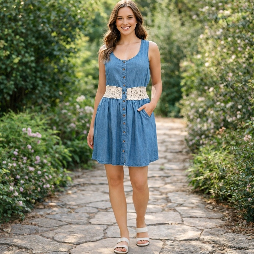 Rue21 Denim Mini Dress Boho Cottagecore Coquette Lace Waist Babydoll Prairie XL